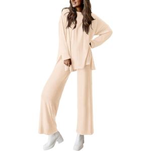 PRETTYGARDEN Women’s Two Piece Lounge Sets Matching Long Sleeve Shirts Wide Leg Pants Tracksuits Travel Outfits Fall Clothes(Beige)