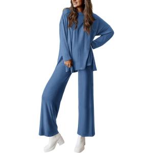 PRETTYGARDEN Women’s Two Piece Lounge Sets Matching Long Sleeve Shirts Wide Leg Pants Tracksuits Travel Outfits Fall Clothes(Blue)