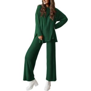PRETTYGARDEN Women’s Two Piece Lounge Sets Matching Long Sleeve Shirts Wide Leg Pants Tracksuits Travel Outfits Fall Clothes(Dark Green)