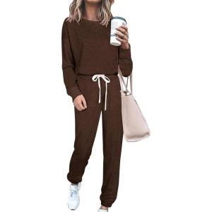 PRETTYGARDEN Women’s Two Piece Loungewear Fall Casual Long Sleeve Tops Jogger Pants Pajama Sets Matching Outfits Clothing(Solid Coffee)