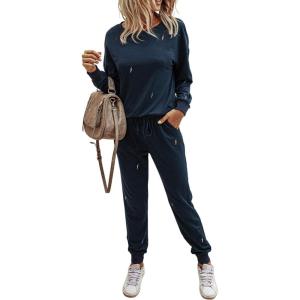 PRETTYGARDEN Women’s Two Piece Loungewear Fall Casual Long Sleeve Tops Jogger Pants Pajama Sets Matching Outfits Clothing(Solid-navy)