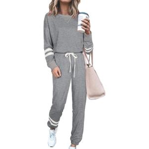 PRETTYGARDEN Women’s Two Piece Loungewear Fall Casual Long Sleeve Tops Jogger Pants Pajama Sets Matching Outfits Clothing(Striped Grey)