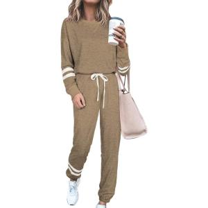 PRETTYGARDEN Women’s Two Piece Loungewear Fall Casual Long Sleeve Tops Jogger Pants Pajama Sets Matching Outfits Clothing(Striped Khaki)