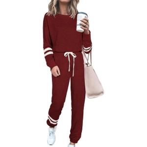 PRETTYGARDEN Women’s Two Piece Loungewear Fall Casual Long Sleeve Tops Jogger Pants Pajama Sets Matching Outfits Clothing(Striped Wine Red)