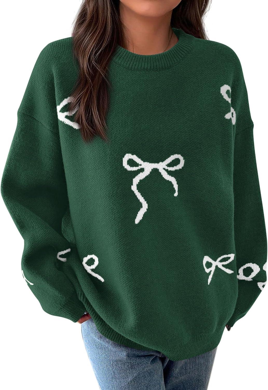 imagePRETTYGARDEN Fall Long Sleeve Pullover Sweaters for Women 2026 Trendy Crewneck Casual Cute Bow Chunky Knit Oversized SweaterDark Green