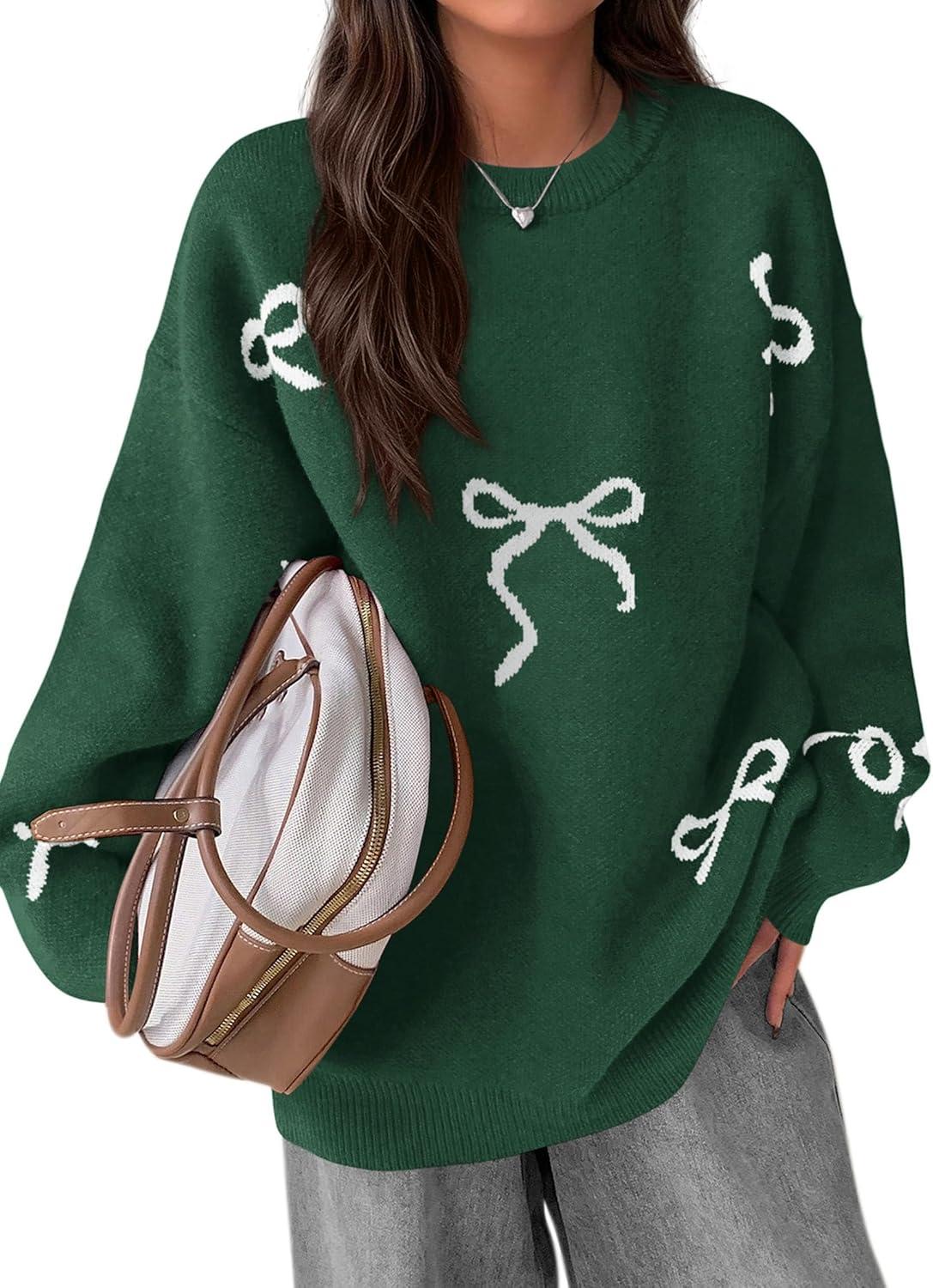 imagePRETTYGARDEN Fall Long Sleeve Pullover Sweaters for Women 2026 Trendy Crewneck Casual Cute Bow Chunky Knit Oversized SweaterDark Green