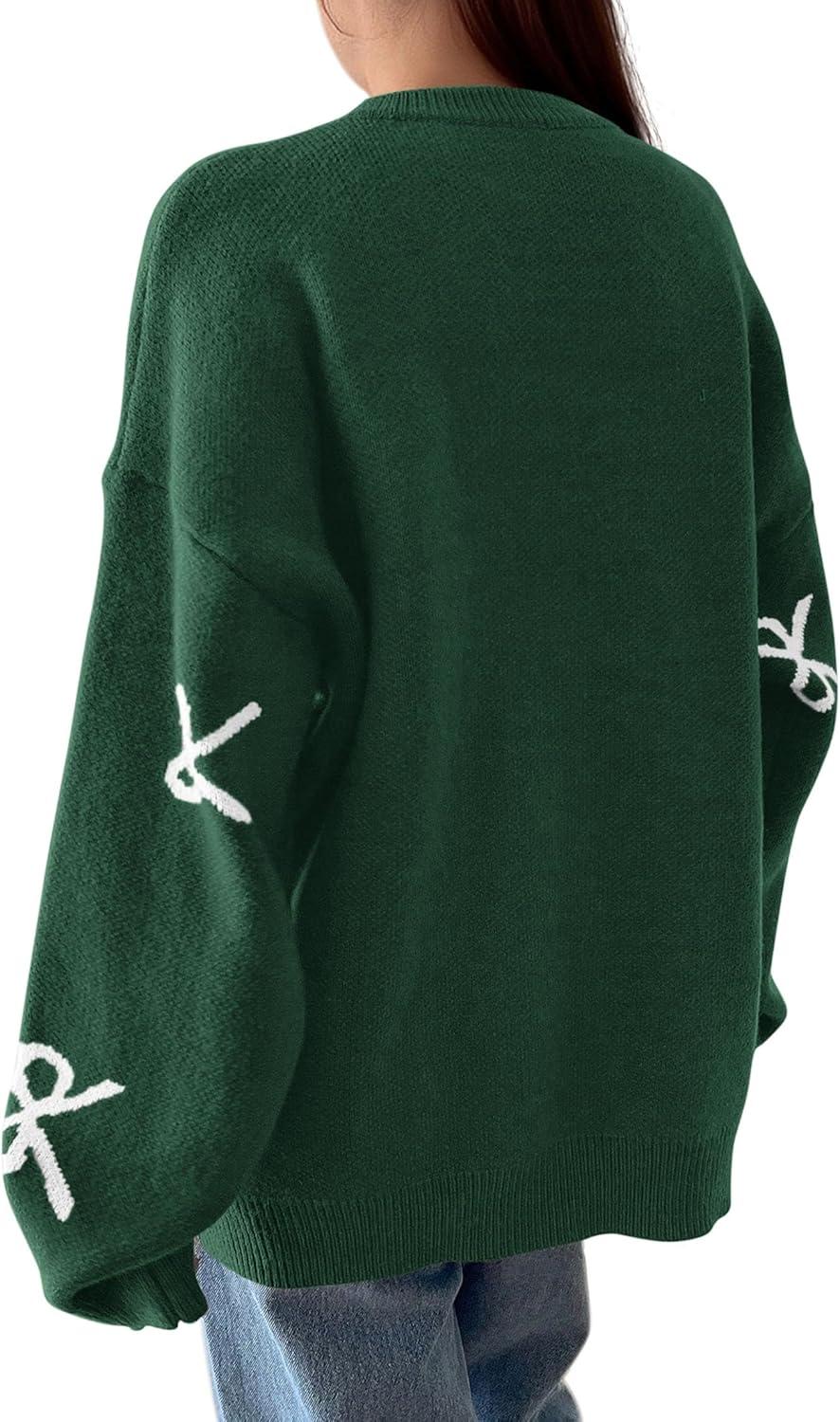 imagePRETTYGARDEN Fall Long Sleeve Pullover Sweaters for Women 2026 Trendy Crewneck Casual Cute Bow Chunky Knit Oversized SweaterDark Green