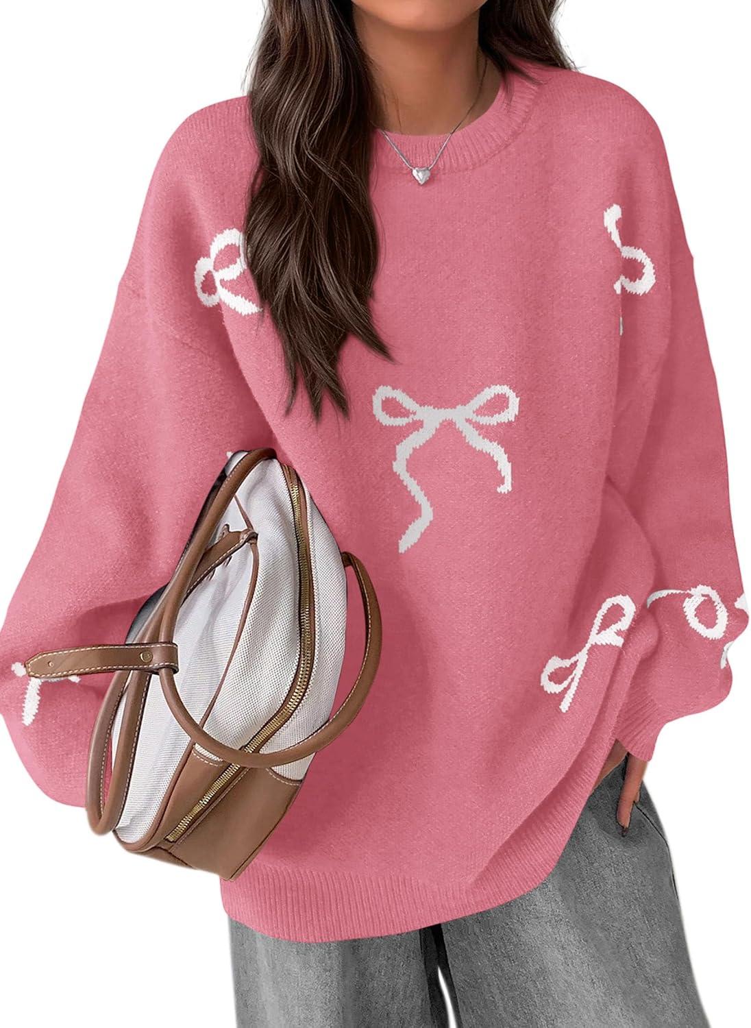 imagePRETTYGARDEN Fall Long Sleeve Pullover Sweaters for Women 2026 Trendy Crewneck Casual Cute Bow Chunky Knit Oversized SweaterDusty Pink