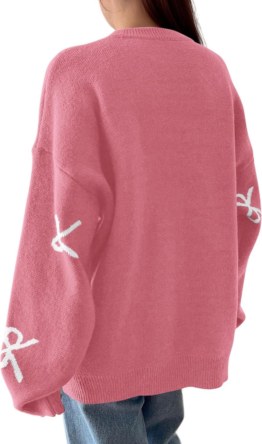 imagePRETTYGARDEN Fall Long Sleeve Pullover Sweaters for Women 2026 Trendy Crewneck Casual Cute Bow Chunky Knit Oversized SweaterDusty Pink