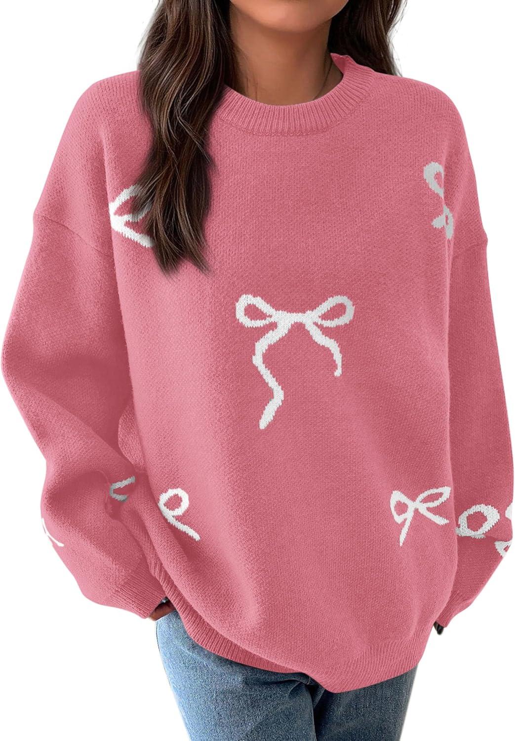 imagePRETTYGARDEN Fall Long Sleeve Pullover Sweaters for Women 2026 Trendy Crewneck Casual Cute Bow Chunky Knit Oversized SweaterDusty Pink