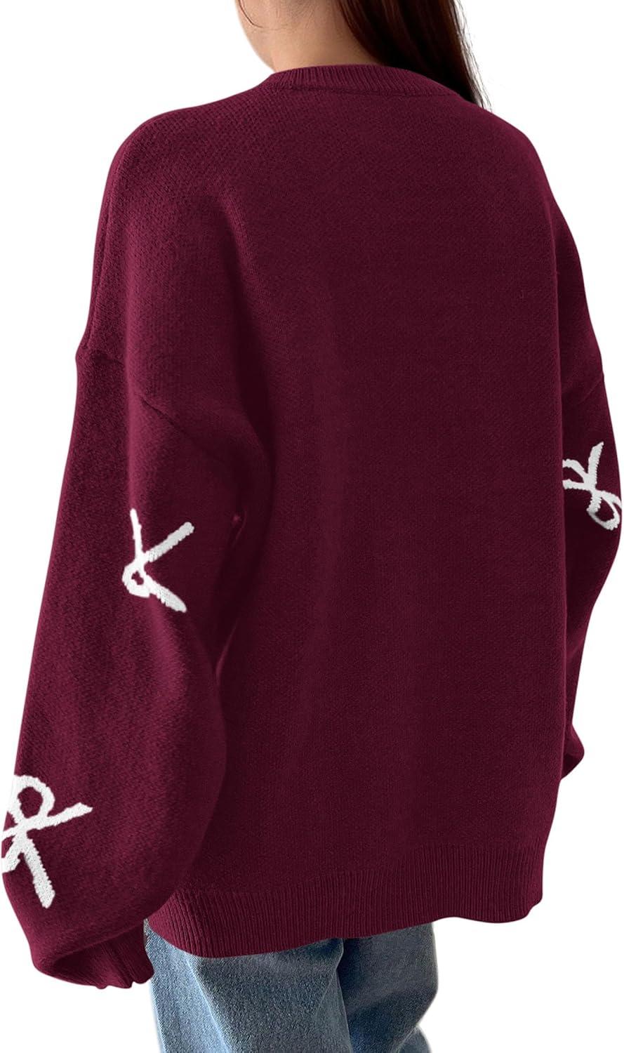imagePRETTYGARDEN Fall Long Sleeve Pullover Sweaters for Women 2026 Trendy Crewneck Casual Cute Bow Chunky Knit Oversized SweaterWine Red