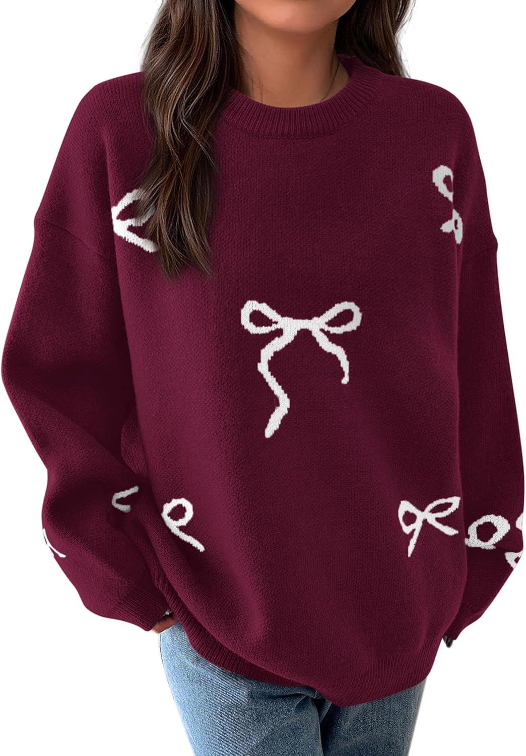 imagePRETTYGARDEN Fall Long Sleeve Pullover Sweaters for Women 2026 Trendy Crewneck Casual Cute Bow Chunky Knit Oversized SweaterWine Red