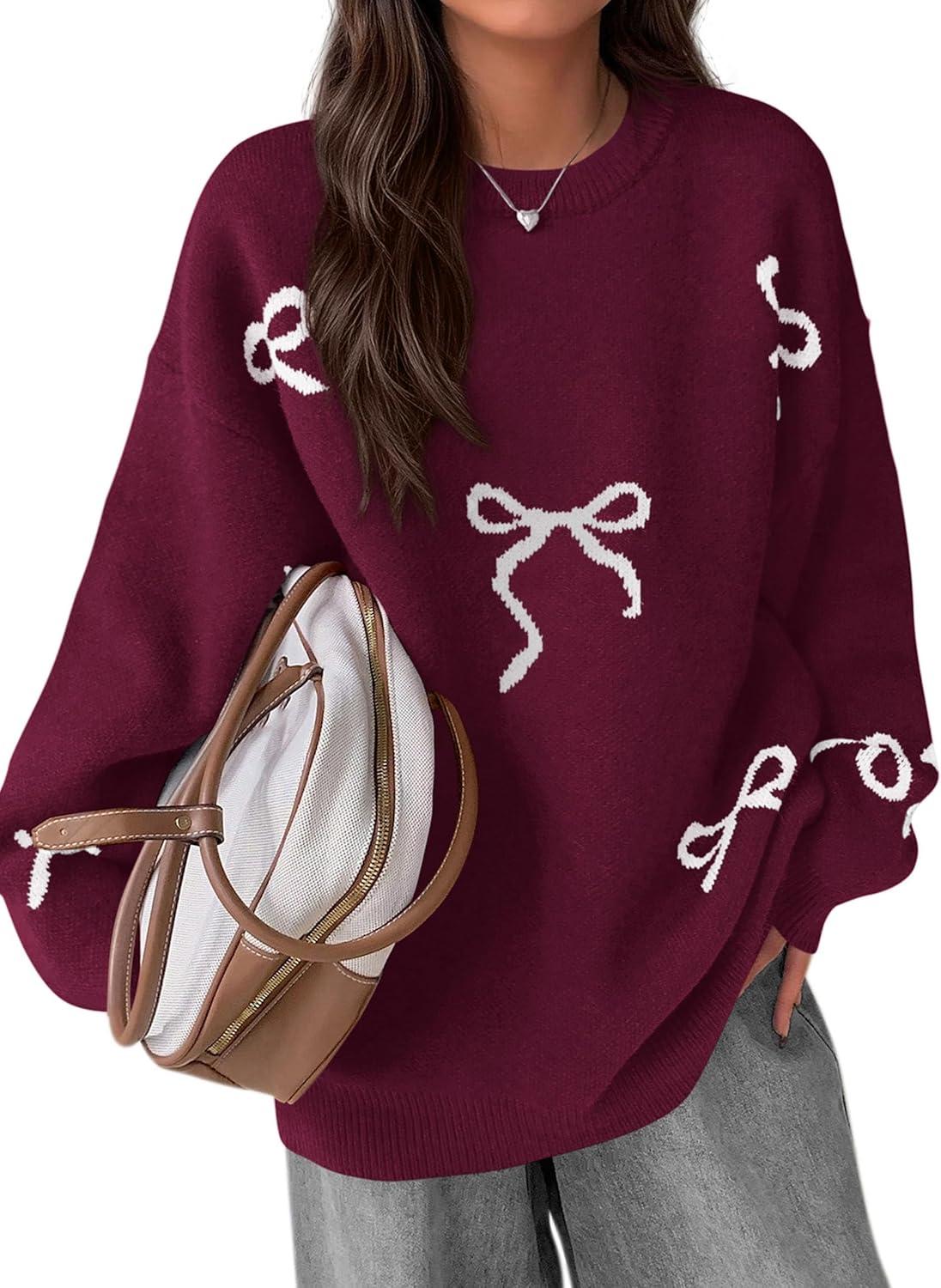 imagePRETTYGARDEN Fall Long Sleeve Pullover Sweaters for Women 2026 Trendy Crewneck Casual Cute Bow Chunky Knit Oversized SweaterWine Red