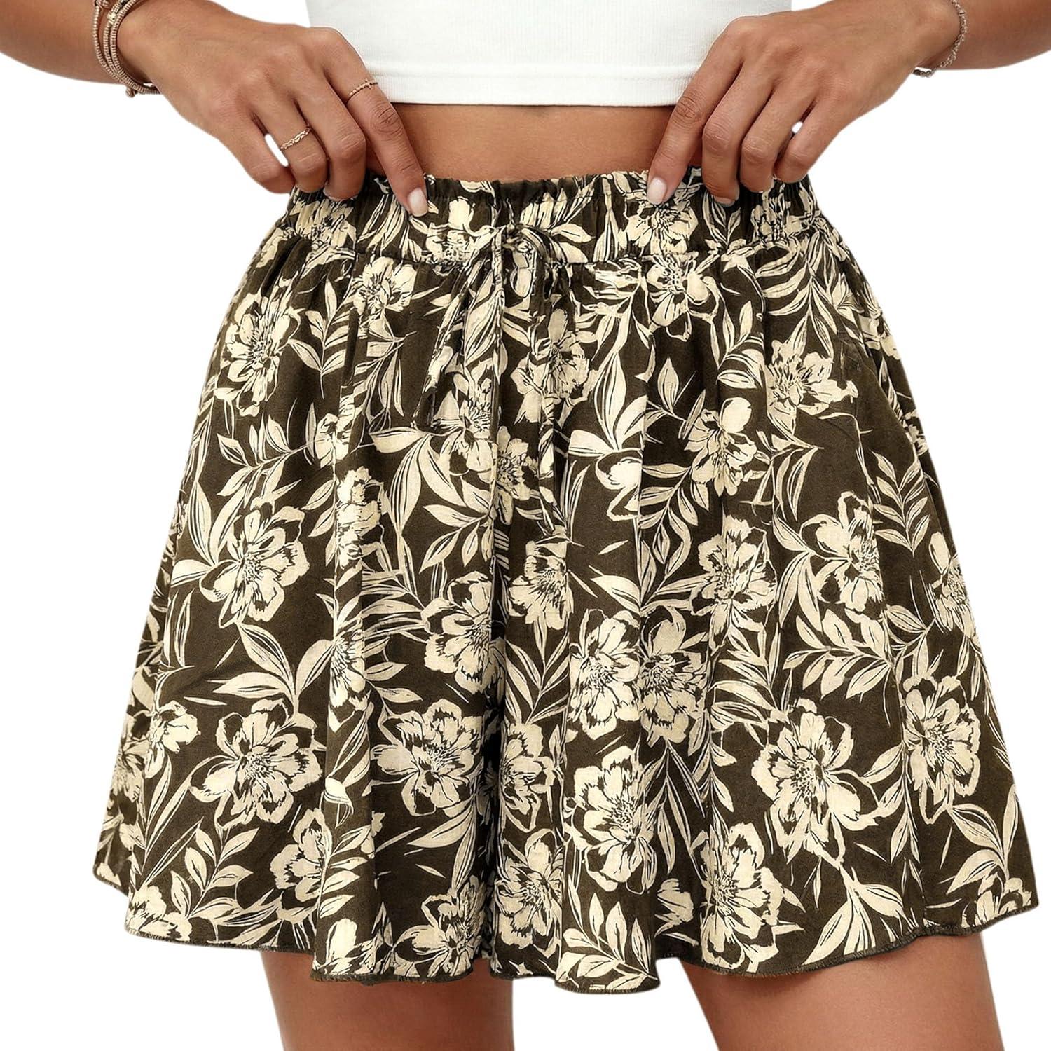 imagePRETTYGARDEN Womens Flowy Shorts Summer Fashion 2026 Beach Vacation Clothes Casual High Waist Wide Leg Ruffle ShortsPrint Army Green