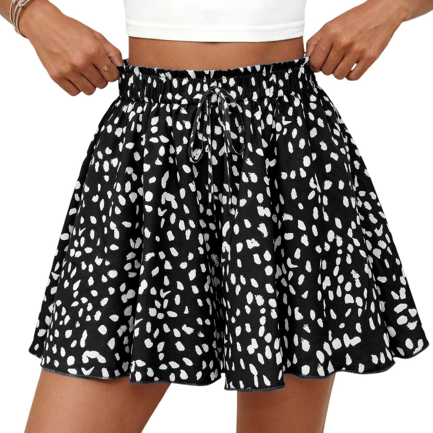 imagePRETTYGARDEN Womens Flowy Shorts Summer Fashion 2026 Beach Vacation Clothes Casual High Waist Wide Leg Ruffle ShortsPrint Black White