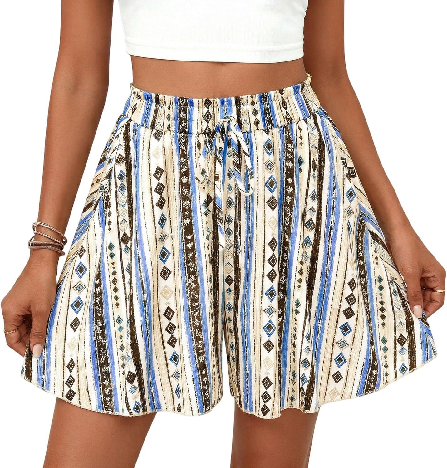 imagePRETTYGARDEN Womens Flowy Shorts Summer Fashion 2026 Beach Vacation Clothes Casual High Waist Wide Leg Ruffle ShortsPrint Blue Apricot