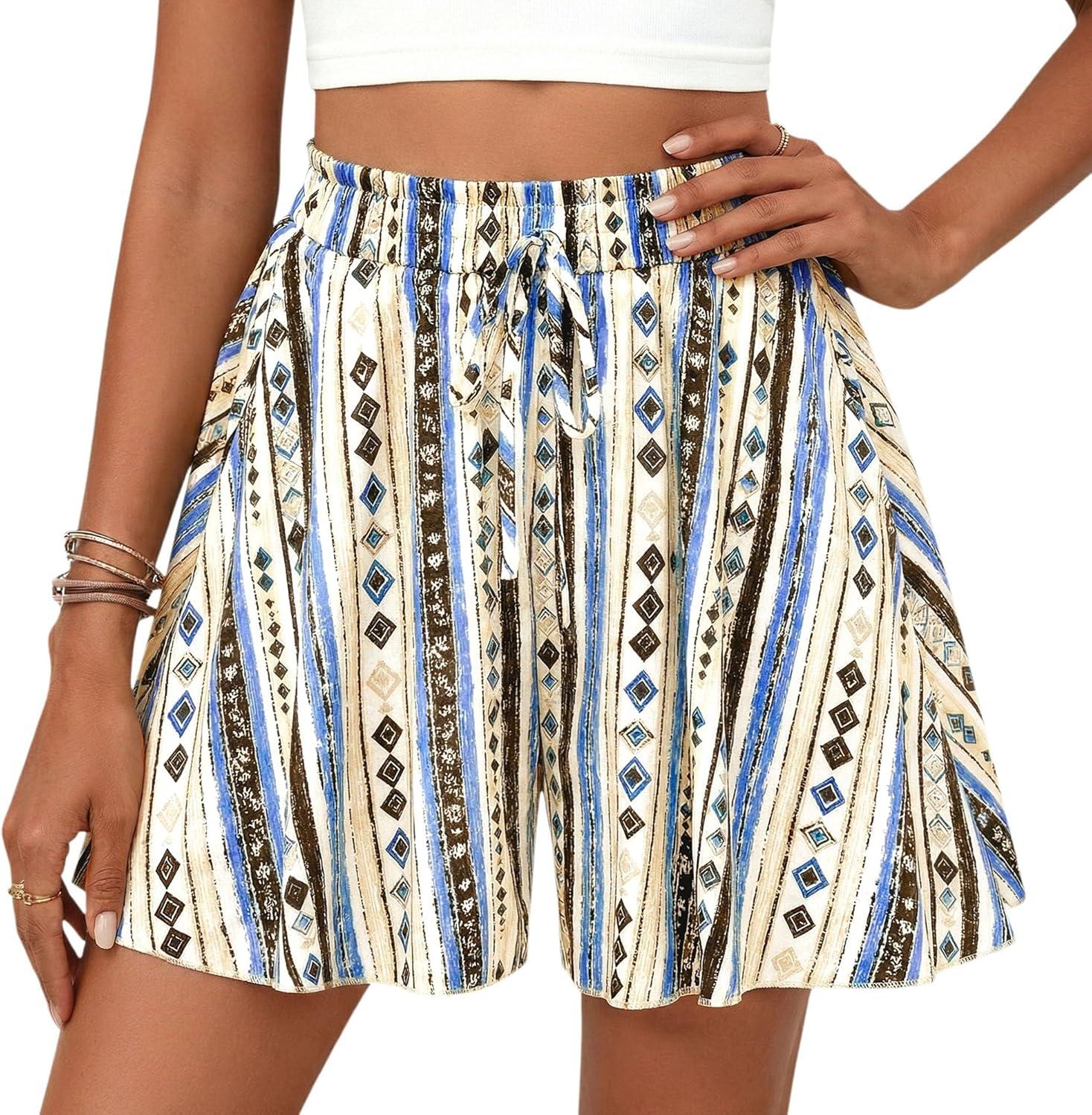 imagePRETTYGARDEN Womens Flowy Shorts Summer Fashion 2026 Beach Vacation Clothes Casual High Waist Wide Leg Ruffle ShortsPrint Blue Apricot