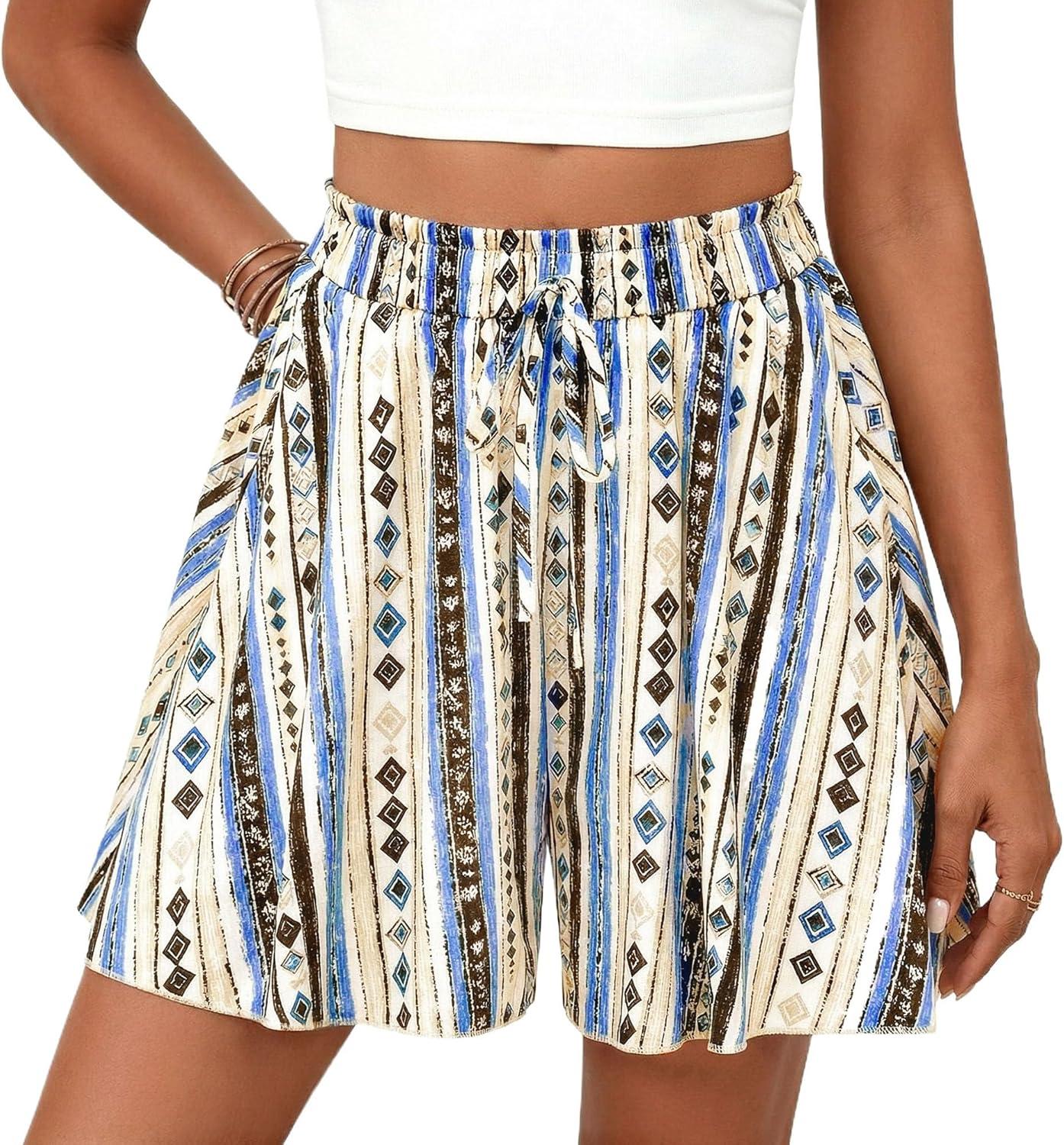 imagePRETTYGARDEN Womens Flowy Shorts Summer Fashion 2026 Beach Vacation Clothes Casual High Waist Wide Leg Ruffle ShortsPrint Blue Apricot