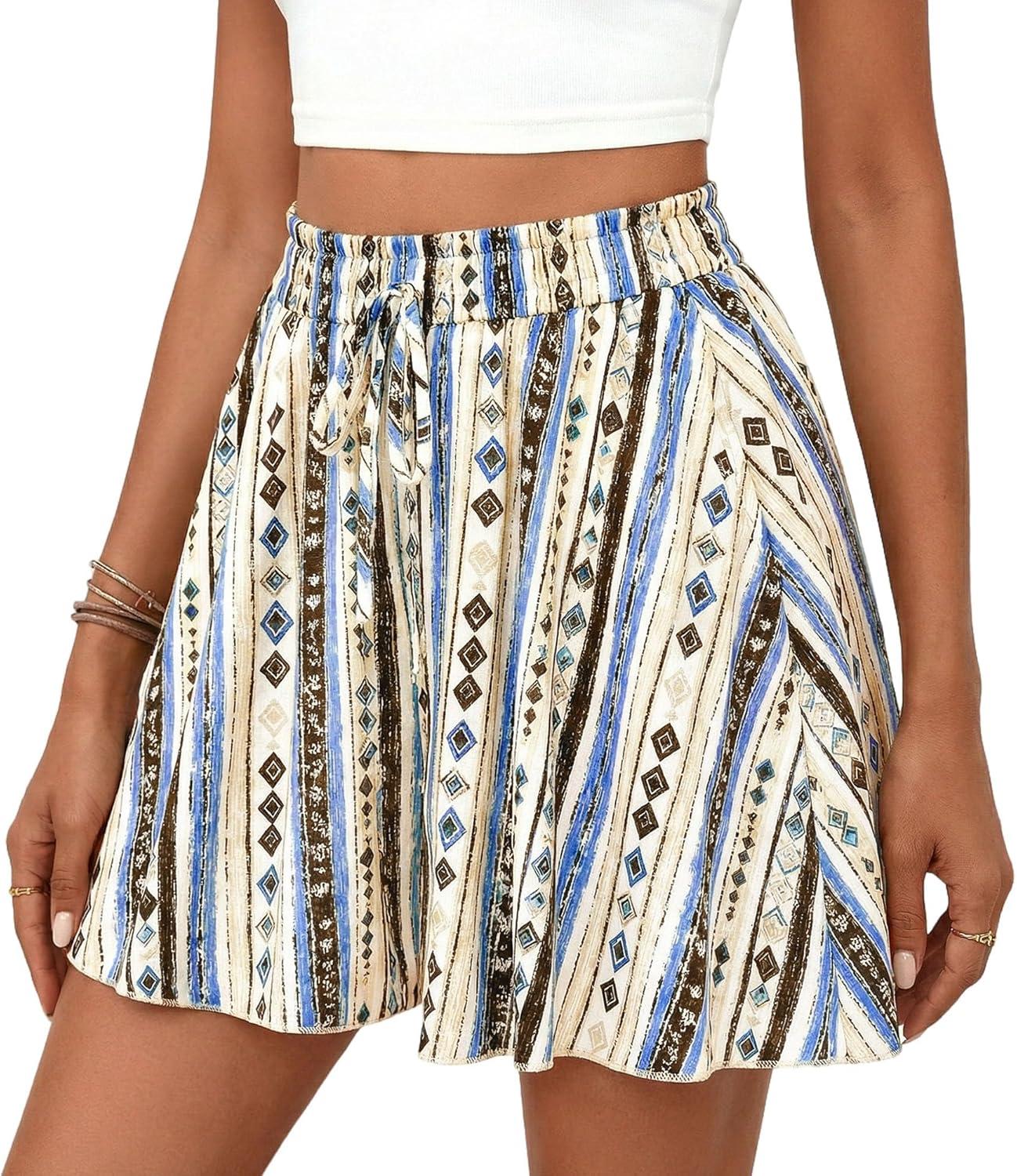 imagePRETTYGARDEN Womens Flowy Shorts Summer Fashion 2026 Beach Vacation Clothes Casual High Waist Wide Leg Ruffle ShortsPrint Blue Apricot