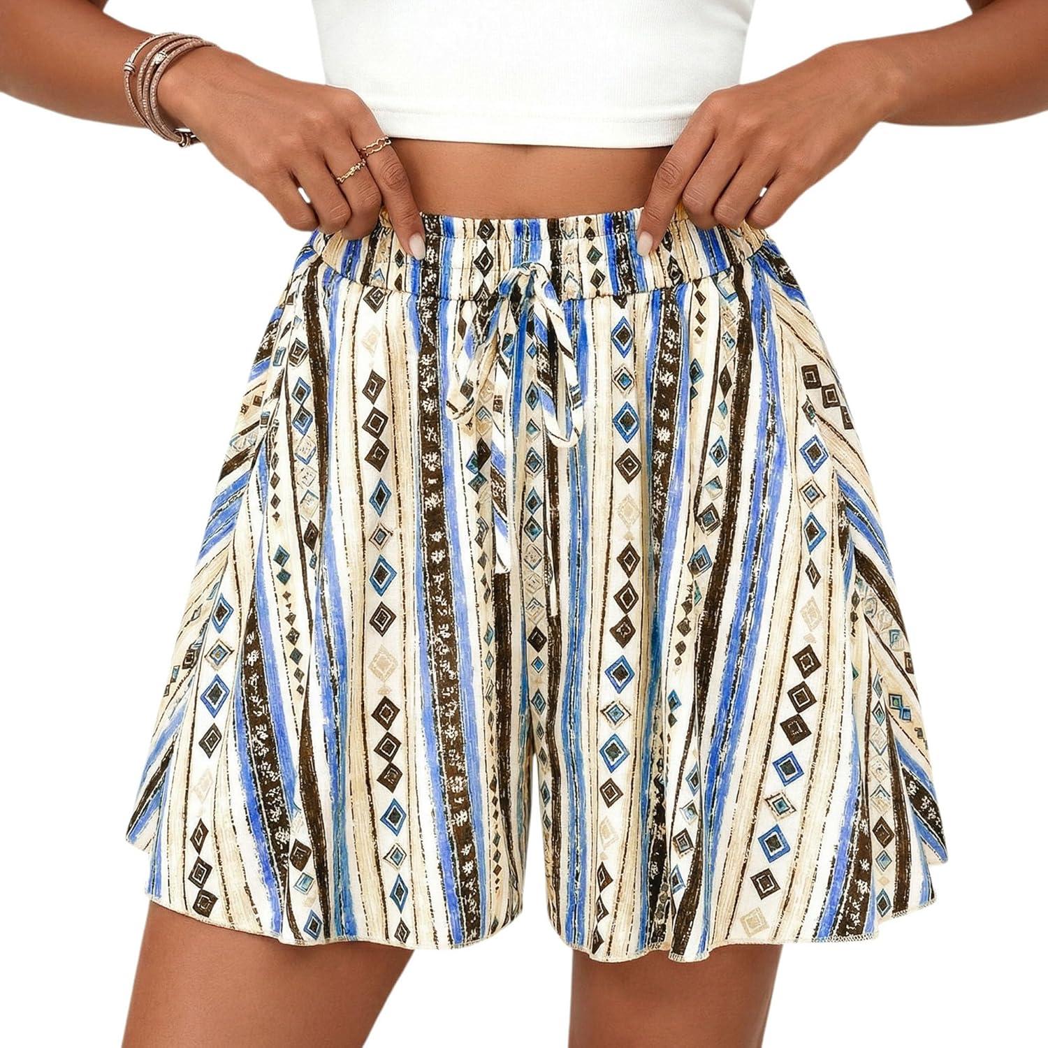 imagePRETTYGARDEN Womens Flowy Shorts Summer Fashion 2026 Beach Vacation Clothes Casual High Waist Wide Leg Ruffle ShortsPrint Blue Apricot