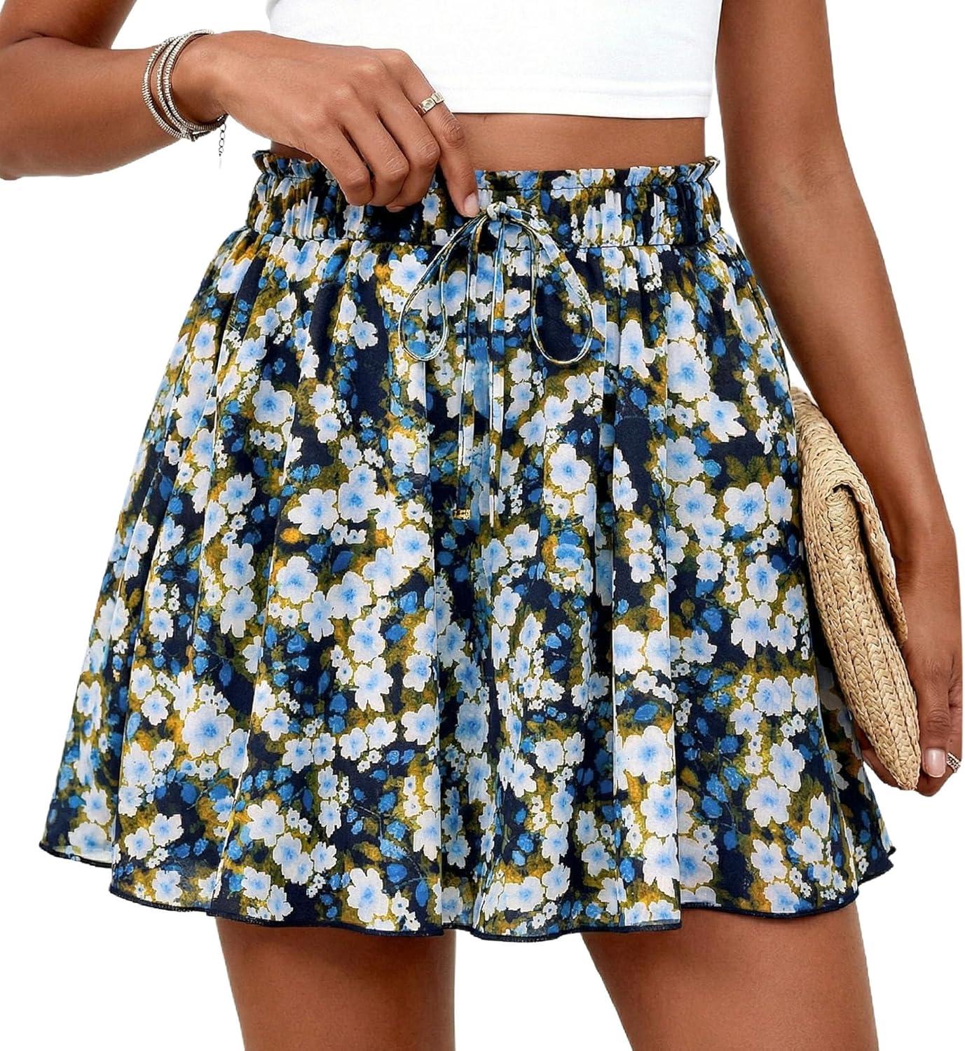 imagePRETTYGARDEN Womens Flowy Shorts Summer Fashion 2026 Beach Vacation Clothes Casual High Waist Wide Leg Ruffle ShortsPrint Blue Yellow