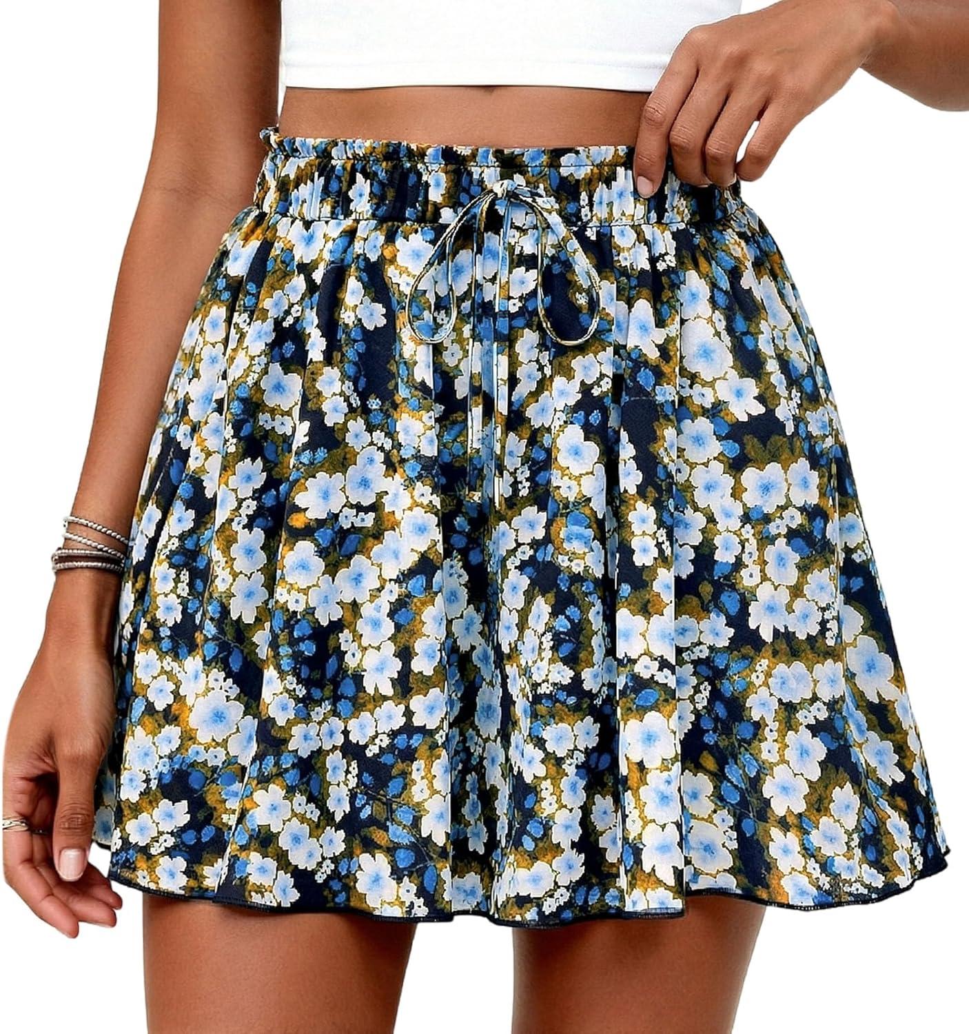imagePRETTYGARDEN Womens Flowy Shorts Summer Fashion 2026 Beach Vacation Clothes Casual High Waist Wide Leg Ruffle ShortsPrint Blue Yellow