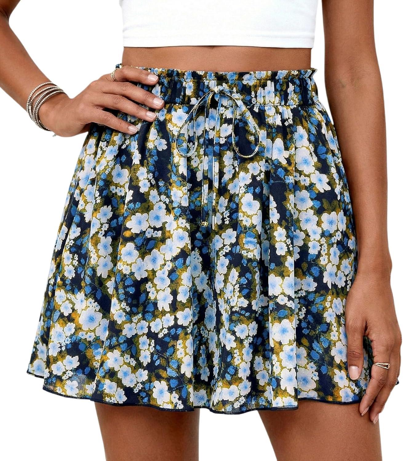 imagePRETTYGARDEN Womens Flowy Shorts Summer Fashion 2026 Beach Vacation Clothes Casual High Waist Wide Leg Ruffle ShortsPrint Blue Yellow