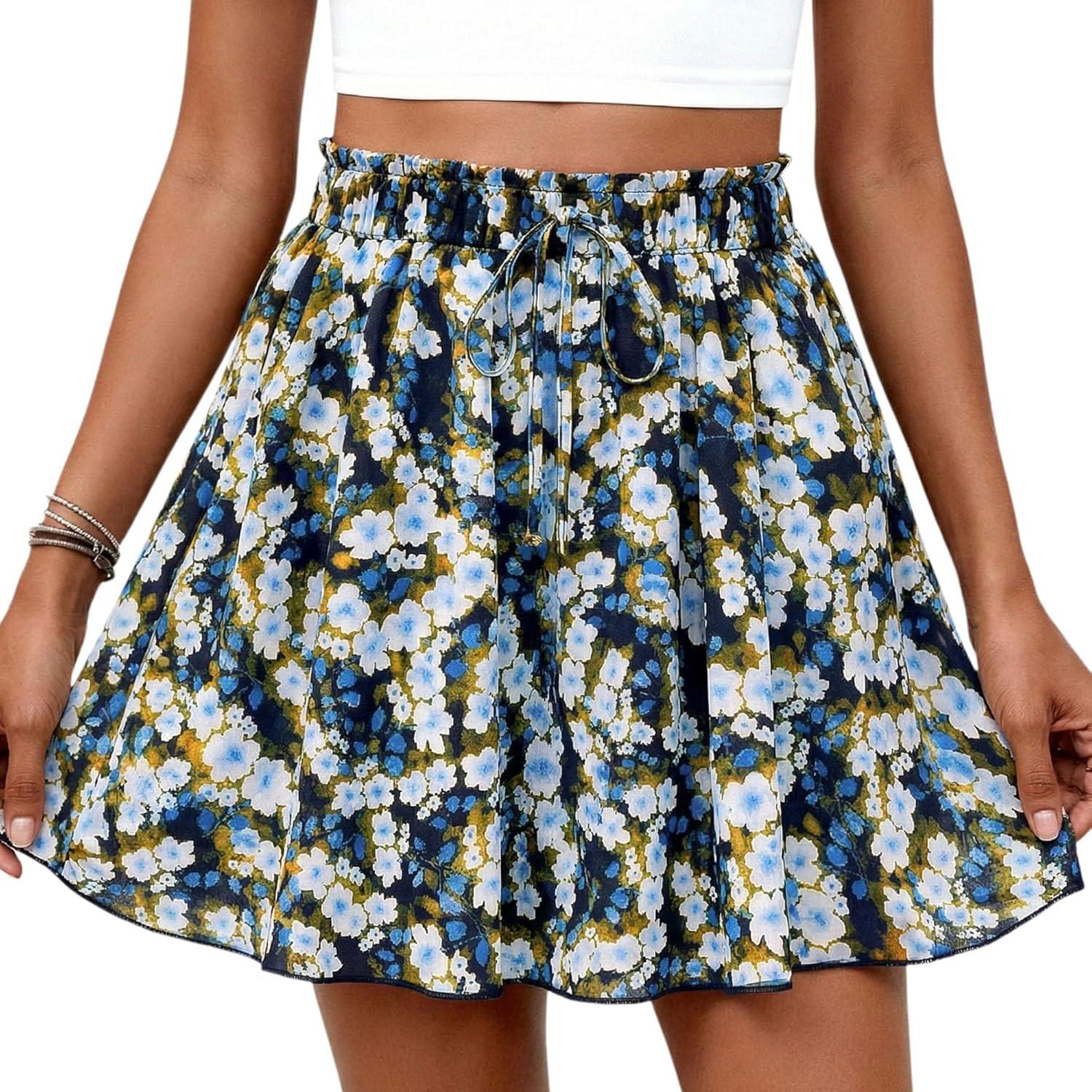 imagePRETTYGARDEN Womens Flowy Shorts Summer Fashion 2026 Beach Vacation Clothes Casual High Waist Wide Leg Ruffle ShortsPrint Blue Yellow