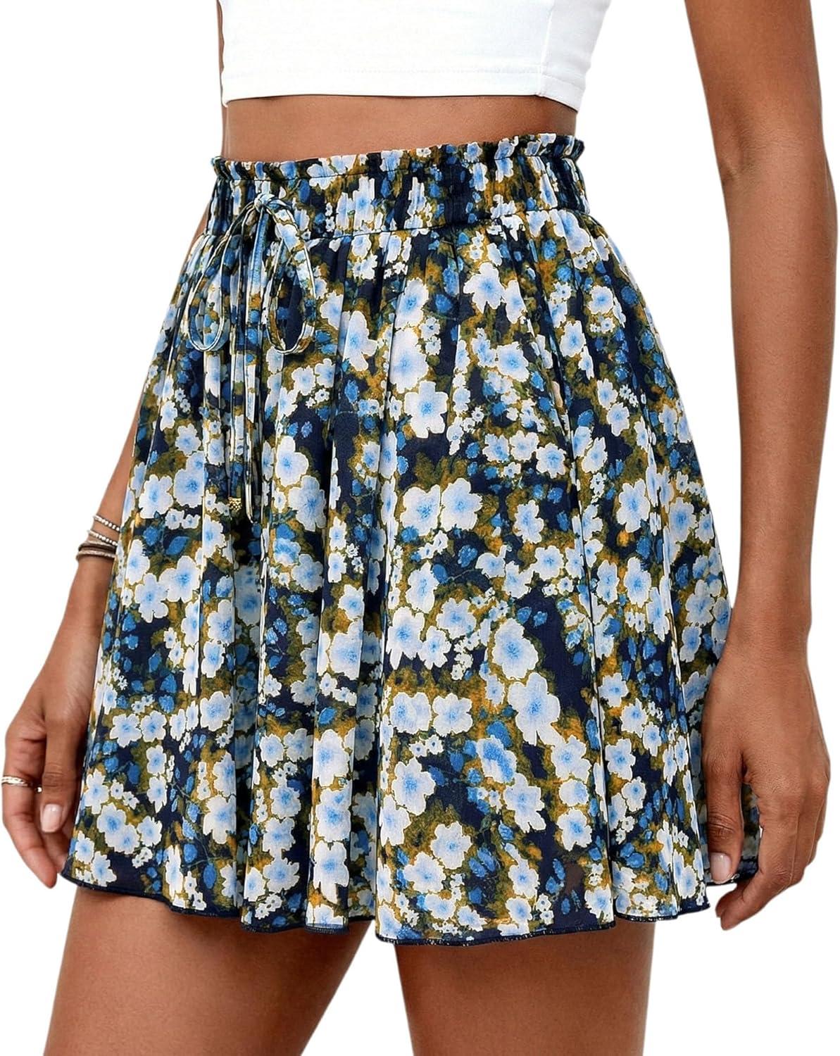 imagePRETTYGARDEN Womens Flowy Shorts Summer Fashion 2026 Beach Vacation Clothes Casual High Waist Wide Leg Ruffle ShortsPrint Blue Yellow