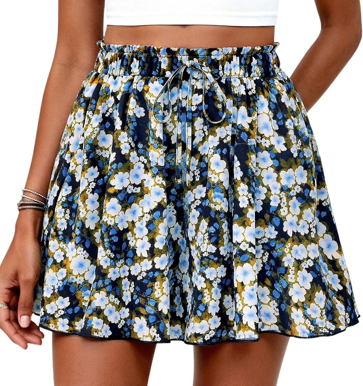 imagePRETTYGARDEN Womens Flowy Shorts Summer Fashion 2026 Beach Vacation Clothes Casual High Waist Wide Leg Ruffle ShortsPrint Blue Yellow