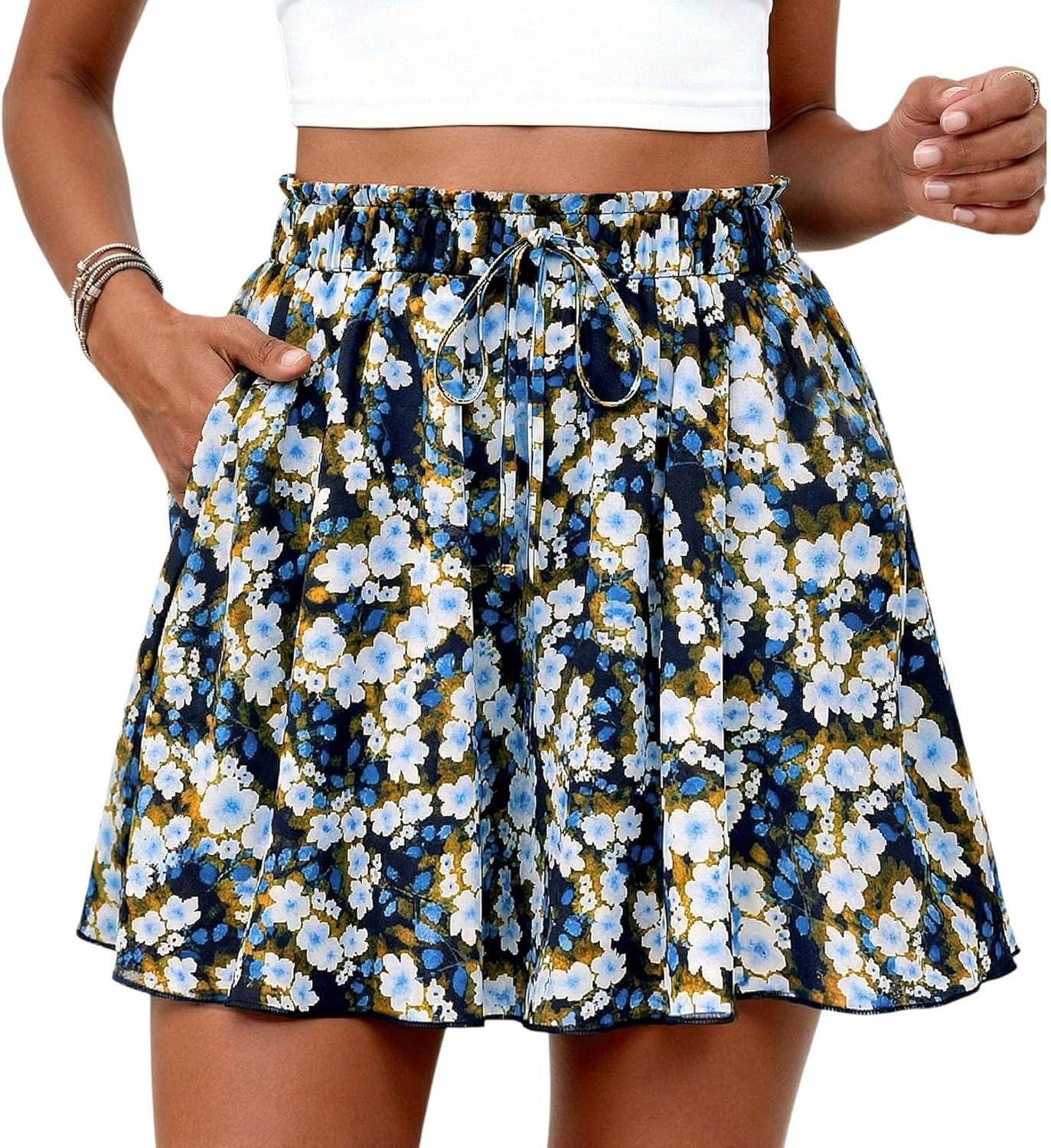imagePRETTYGARDEN Womens Flowy Shorts Summer Fashion 2026 Beach Vacation Clothes Casual High Waist Wide Leg Ruffle ShortsPrint Blue Yellow