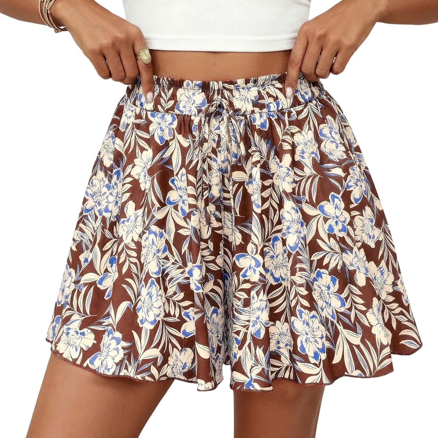 imagePRETTYGARDEN Womens Flowy Shorts Summer Fashion 2026 Beach Vacation Clothes Casual High Waist Wide Leg Ruffle ShortsPrint Brown