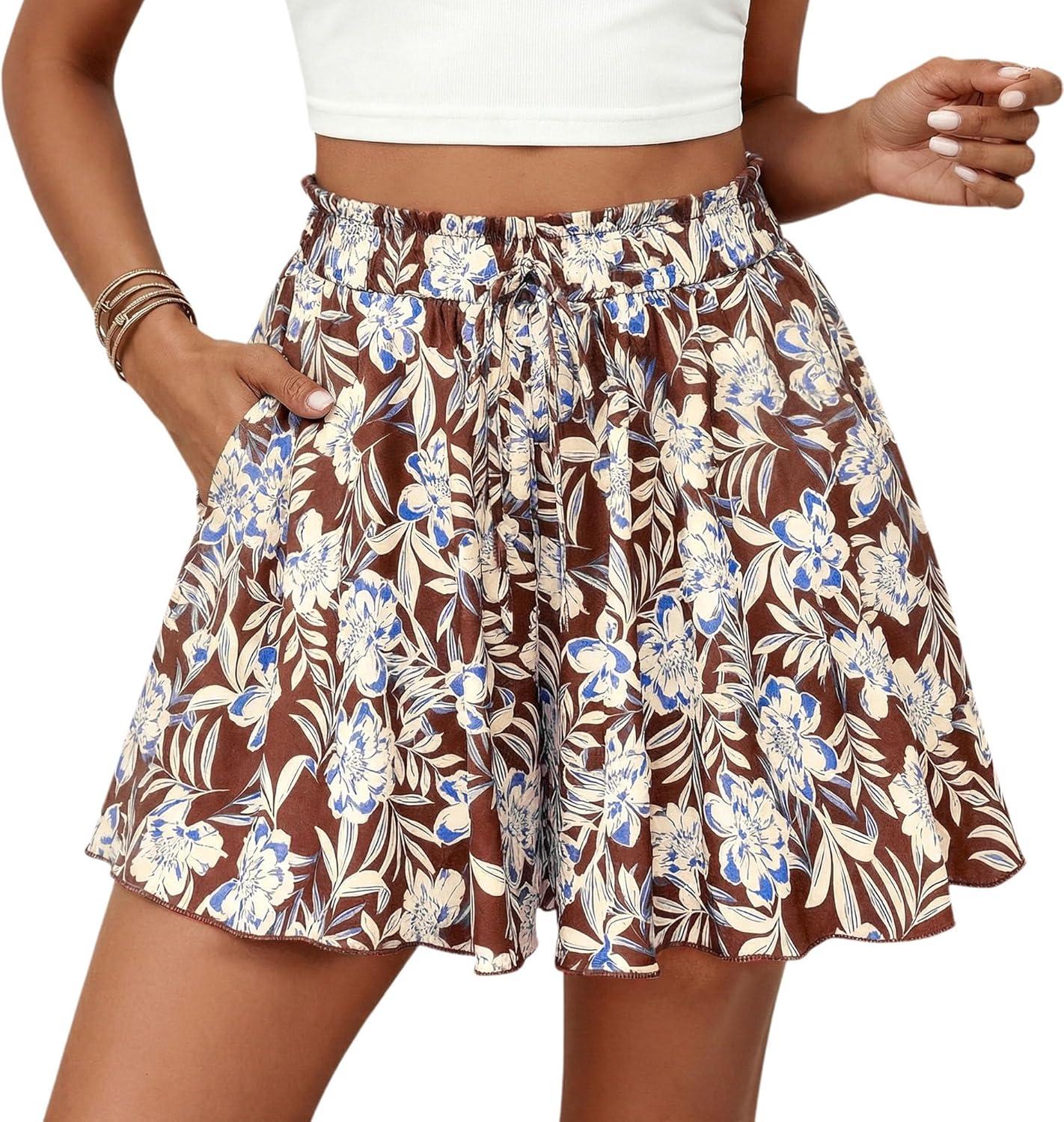 imagePRETTYGARDEN Womens Flowy Shorts Summer Fashion 2026 Beach Vacation Clothes Casual High Waist Wide Leg Ruffle ShortsPrint Brown