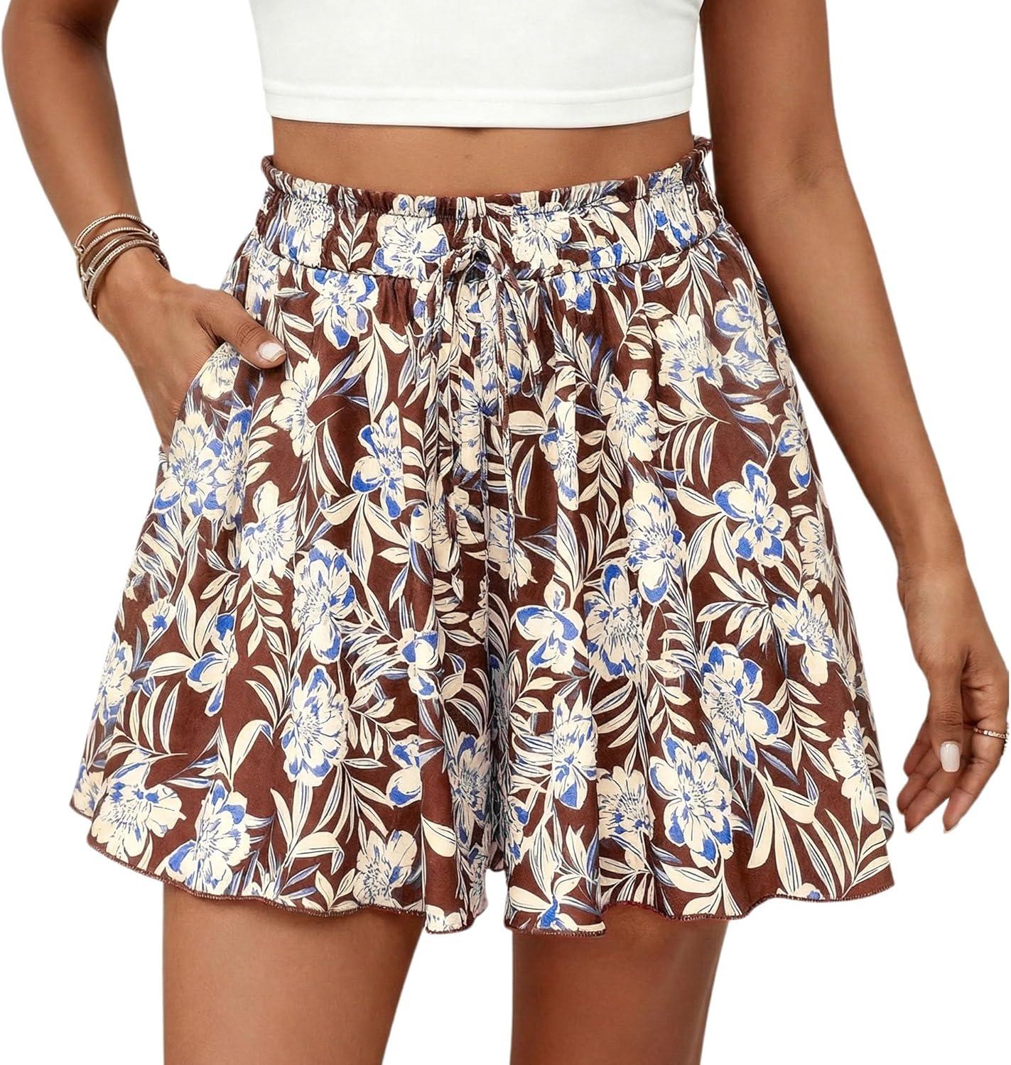 imagePRETTYGARDEN Womens Flowy Shorts Summer Fashion 2026 Beach Vacation Clothes Casual High Waist Wide Leg Ruffle ShortsPrint Brown