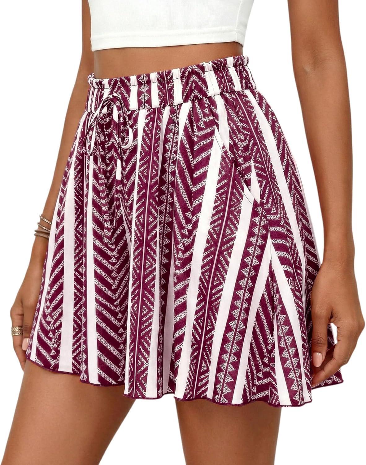 imagePRETTYGARDEN Womens Flowy Shorts Summer Fashion 2026 Beach Vacation Clothes Casual High Waist Wide Leg Ruffle ShortsPrint Burgundy White