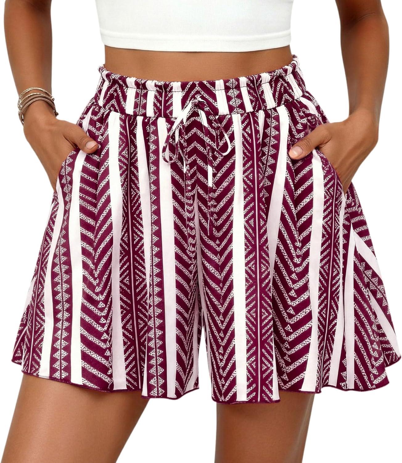 imagePRETTYGARDEN Womens Flowy Shorts Summer Fashion 2026 Beach Vacation Clothes Casual High Waist Wide Leg Ruffle ShortsPrint Burgundy White