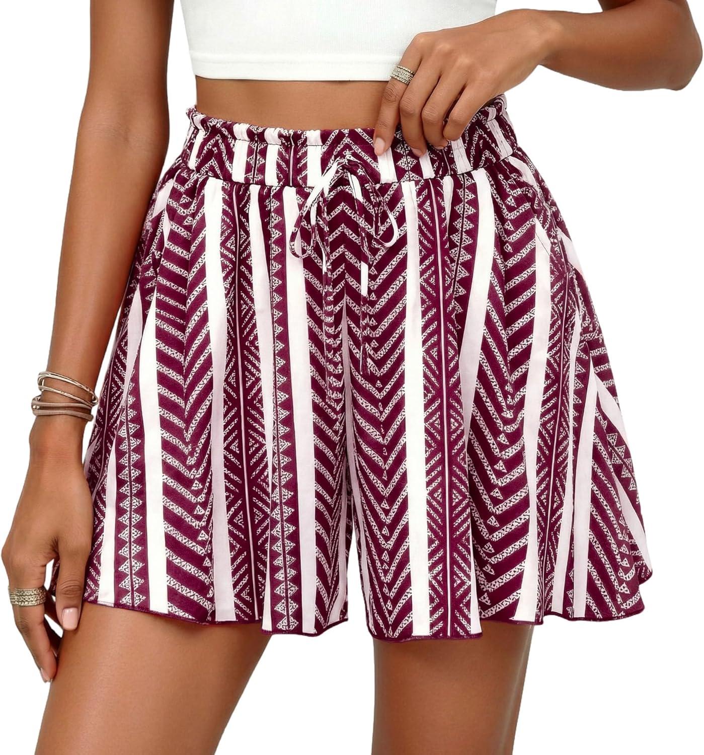 imagePRETTYGARDEN Womens Flowy Shorts Summer Fashion 2026 Beach Vacation Clothes Casual High Waist Wide Leg Ruffle ShortsPrint Burgundy White