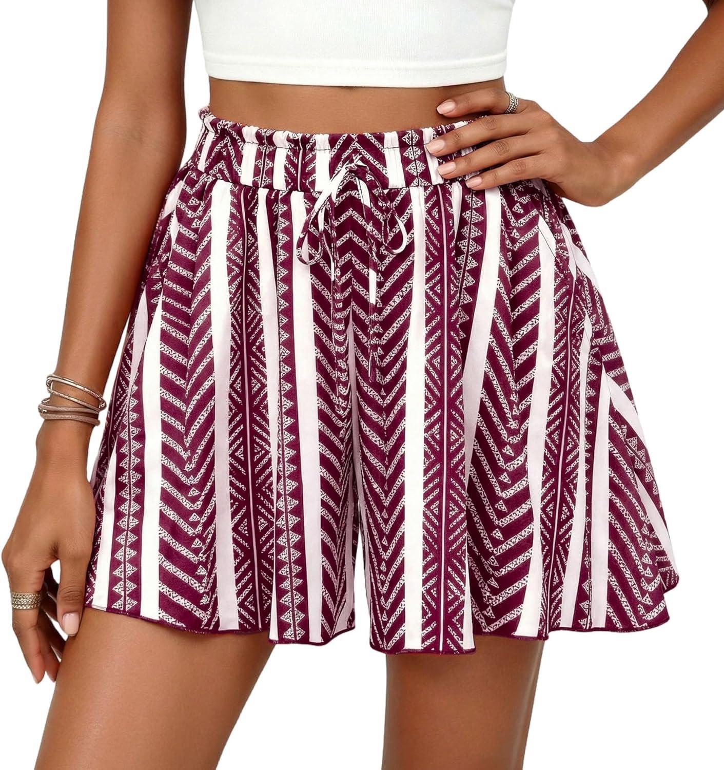 imagePRETTYGARDEN Womens Flowy Shorts Summer Fashion 2026 Beach Vacation Clothes Casual High Waist Wide Leg Ruffle ShortsPrint Burgundy White