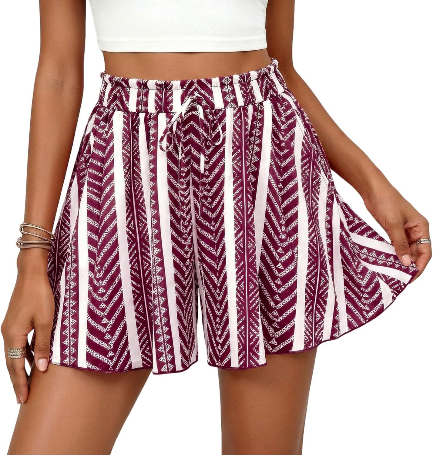 imagePRETTYGARDEN Womens Flowy Shorts Summer Fashion 2026 Beach Vacation Clothes Casual High Waist Wide Leg Ruffle ShortsPrint Burgundy White