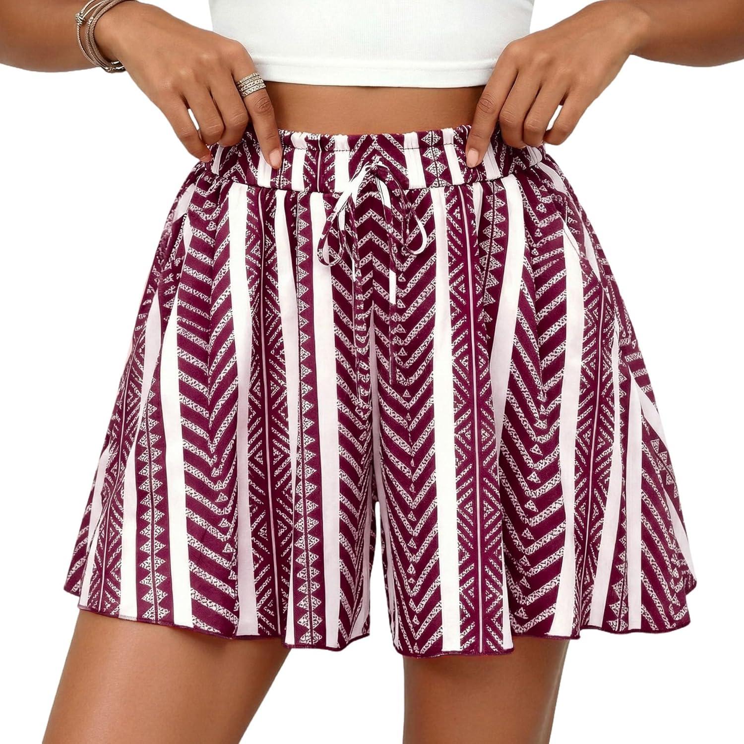 imagePRETTYGARDEN Womens Flowy Shorts Summer Fashion 2026 Beach Vacation Clothes Casual High Waist Wide Leg Ruffle ShortsPrint Burgundy White