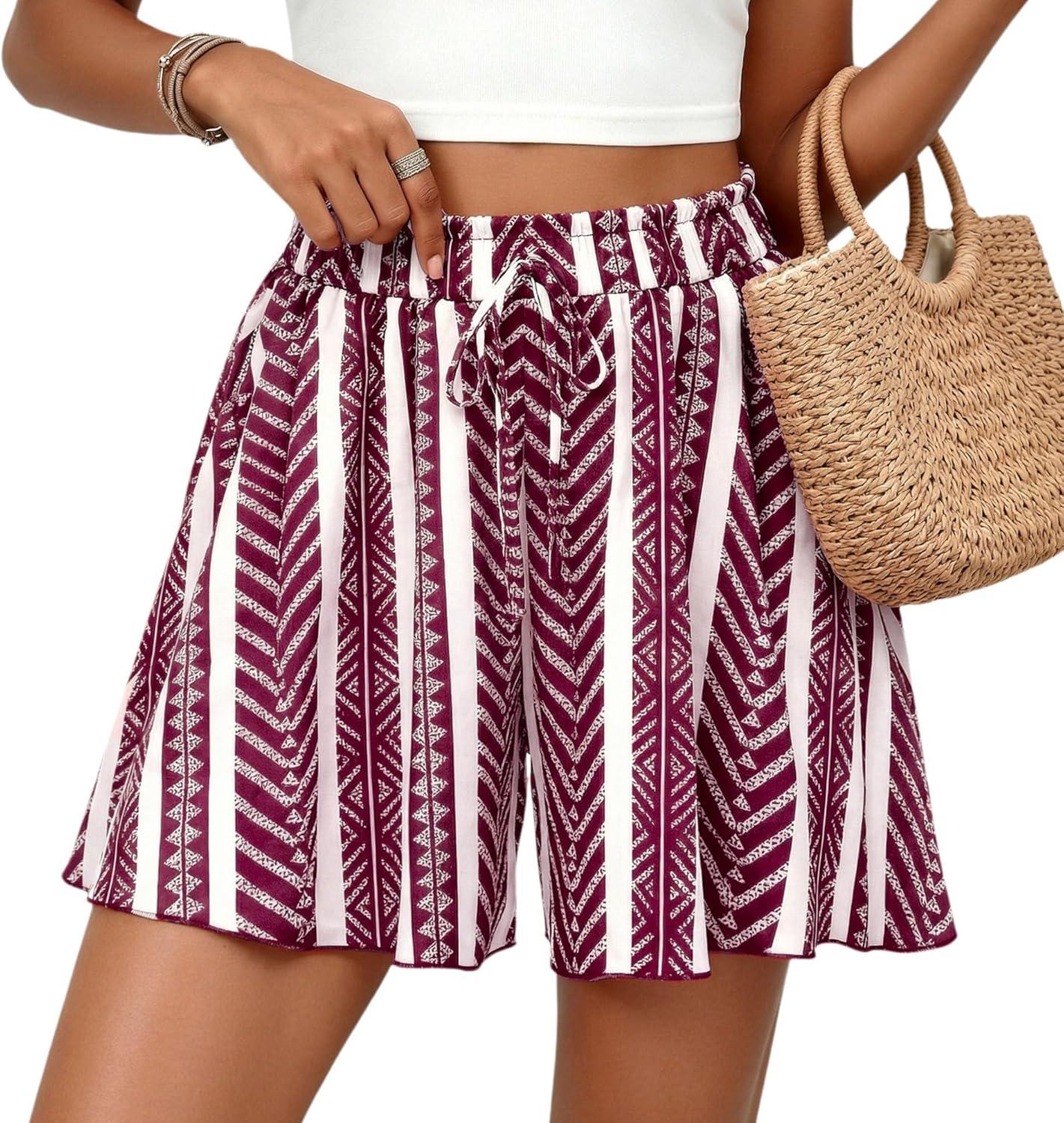 imagePRETTYGARDEN Womens Flowy Shorts Summer Fashion 2026 Beach Vacation Clothes Casual High Waist Wide Leg Ruffle ShortsPrint Burgundy White