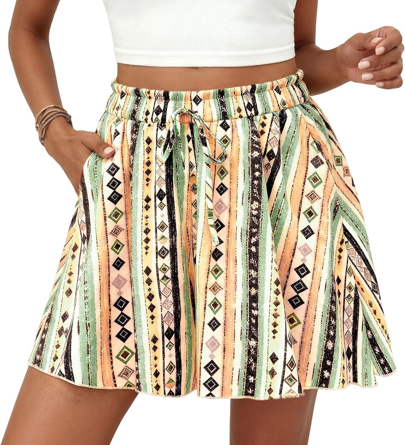 imagePRETTYGARDEN Womens Flowy Shorts Summer Fashion 2026 Beach Vacation Clothes Casual High Waist Wide Leg Ruffle ShortsPrint Green Yellow