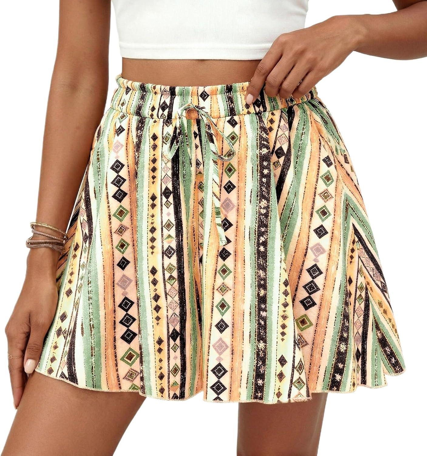 imagePRETTYGARDEN Womens Flowy Shorts Summer Fashion 2026 Beach Vacation Clothes Casual High Waist Wide Leg Ruffle ShortsPrint Green Yellow