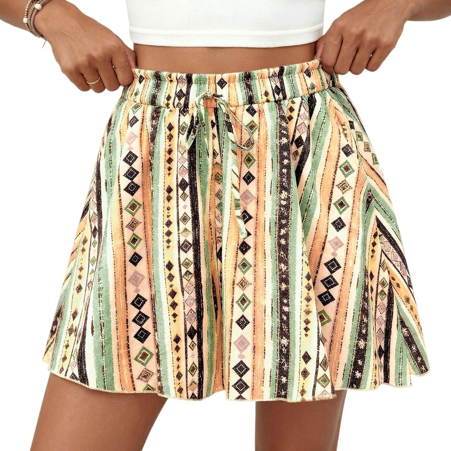 imagePRETTYGARDEN Womens Flowy Shorts Summer Fashion 2026 Beach Vacation Clothes Casual High Waist Wide Leg Ruffle ShortsPrint Green Yellow