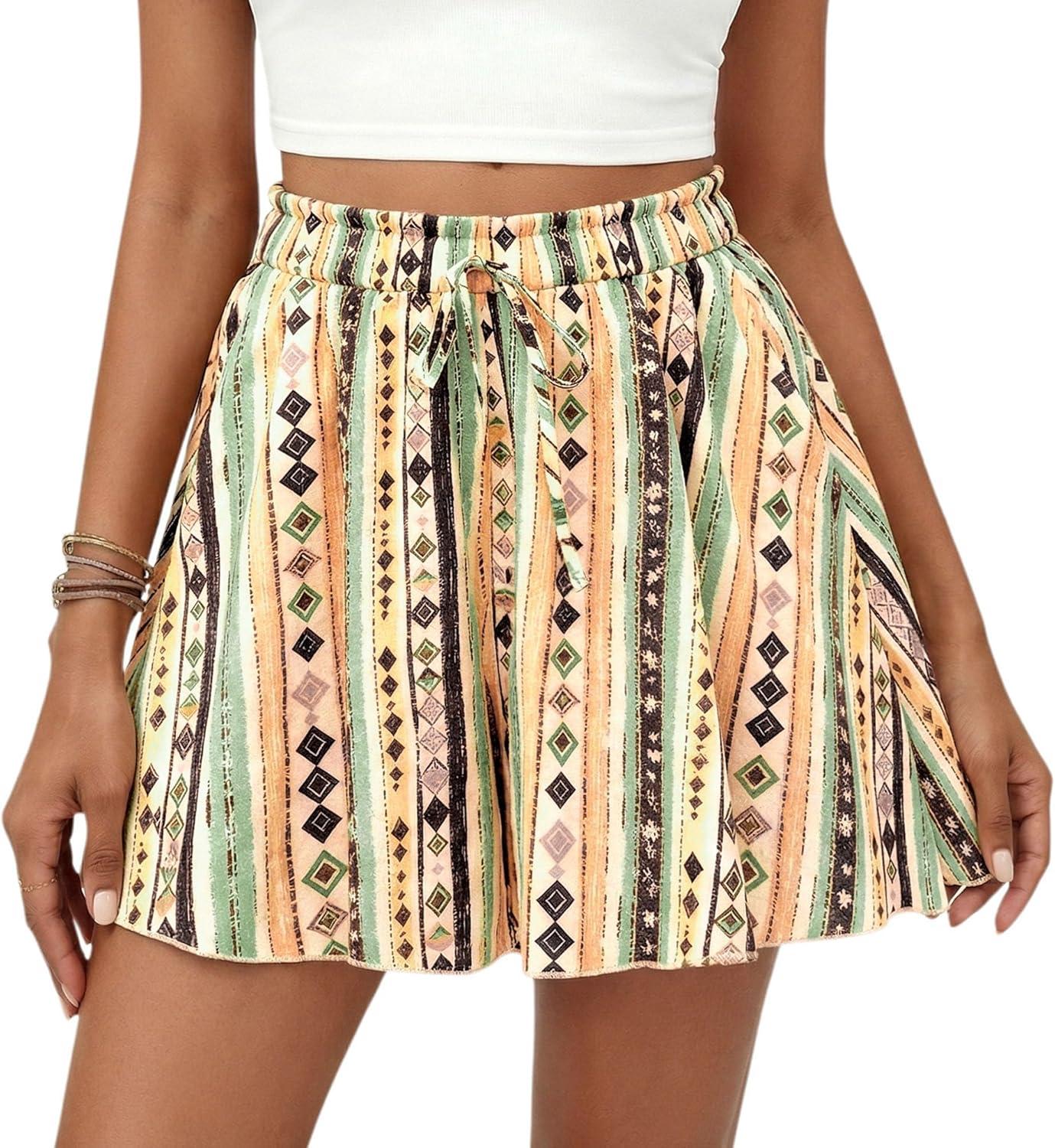 imagePRETTYGARDEN Womens Flowy Shorts Summer Fashion 2026 Beach Vacation Clothes Casual High Waist Wide Leg Ruffle ShortsPrint Green Yellow