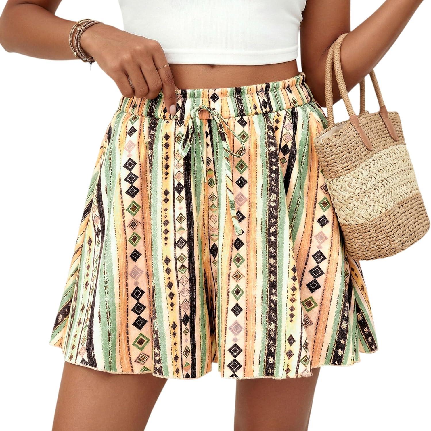 imagePRETTYGARDEN Womens Flowy Shorts Summer Fashion 2026 Beach Vacation Clothes Casual High Waist Wide Leg Ruffle ShortsPrint Green Yellow
