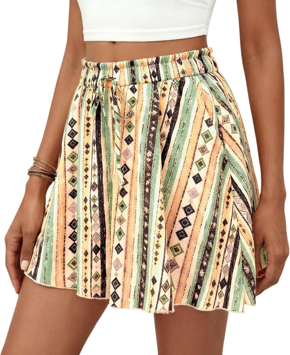 imagePRETTYGARDEN Womens Flowy Shorts Summer Fashion 2026 Beach Vacation Clothes Casual High Waist Wide Leg Ruffle ShortsPrint Green Yellow