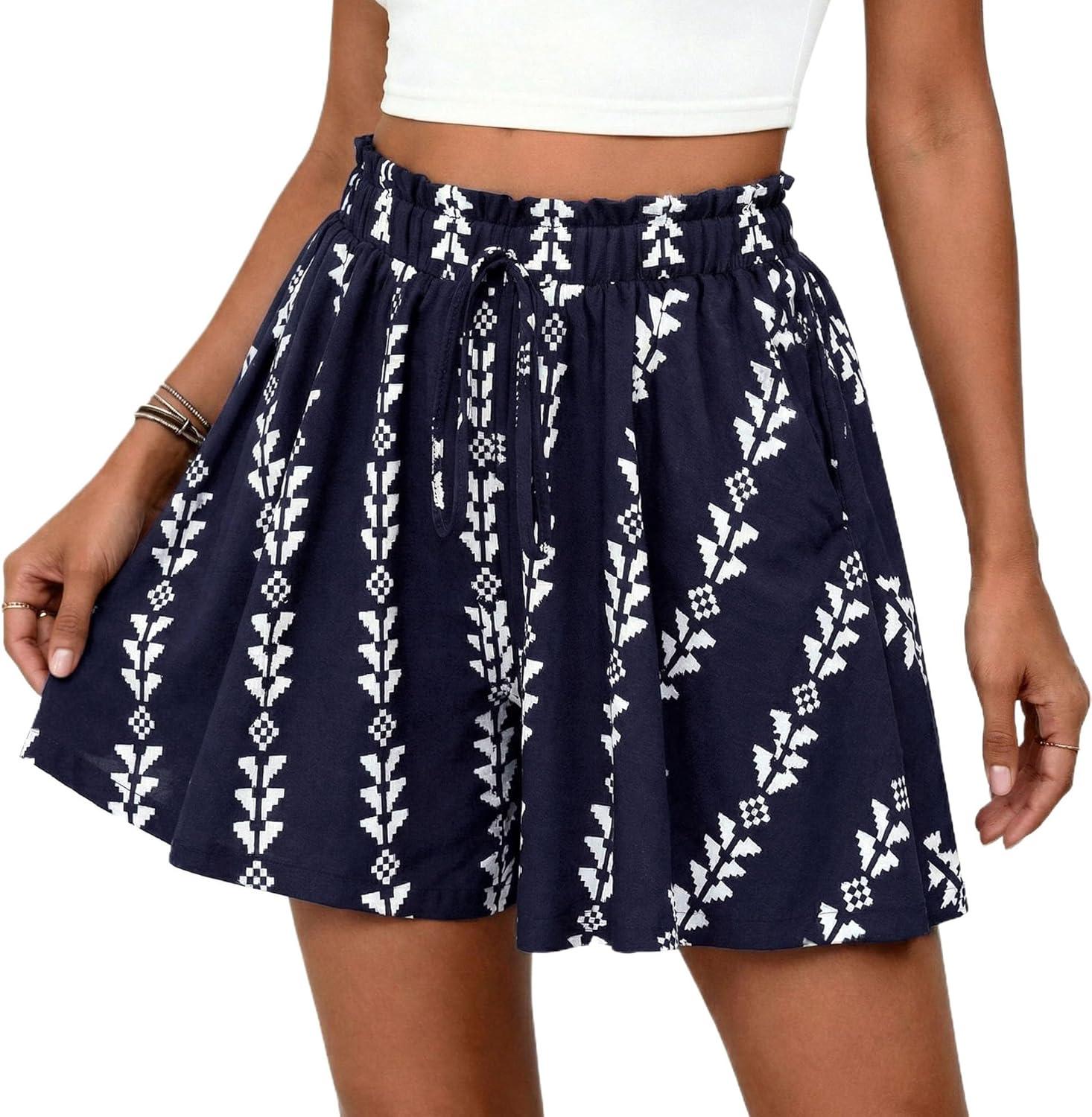 imagePRETTYGARDEN Womens Flowy Shorts Summer Fashion 2026 Beach Vacation Clothes Casual High Waist Wide Leg Ruffle ShortsPrint Navy White