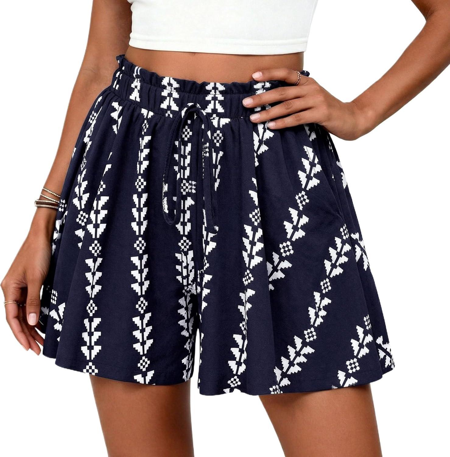 imagePRETTYGARDEN Womens Flowy Shorts Summer Fashion 2026 Beach Vacation Clothes Casual High Waist Wide Leg Ruffle ShortsPrint Navy White