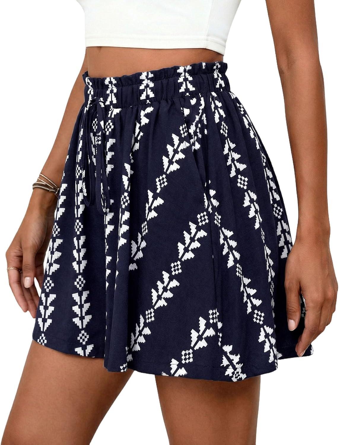 imagePRETTYGARDEN Womens Flowy Shorts Summer Fashion 2026 Beach Vacation Clothes Casual High Waist Wide Leg Ruffle ShortsPrint Navy White